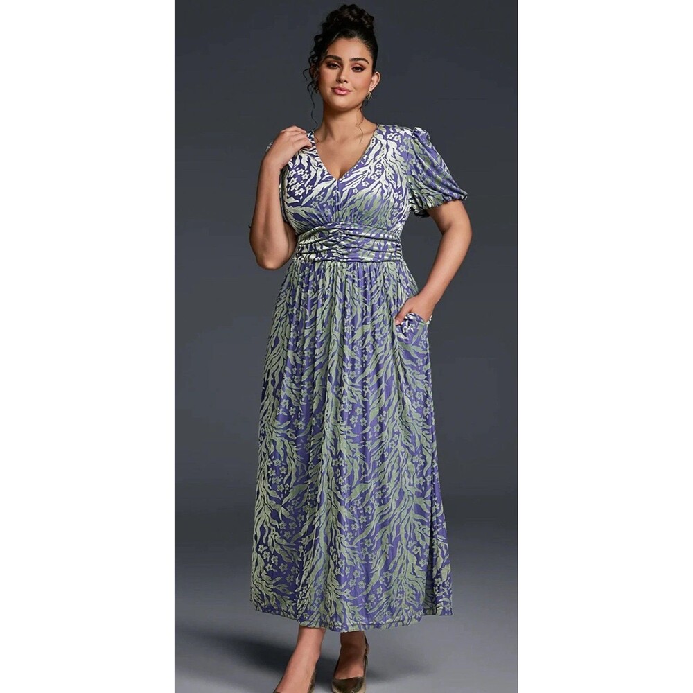 Curveins Maxi Dress Women's 2XL Blue Plus Size V-Neck Velvet Plain NEW